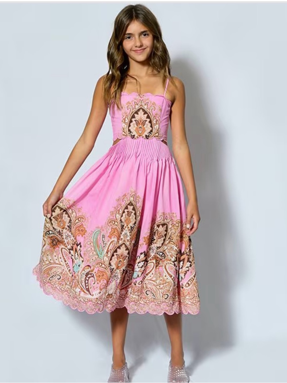 Girls L Pink Paisley-Print Adjustable-Strap sides Cutouts Smocked Waist